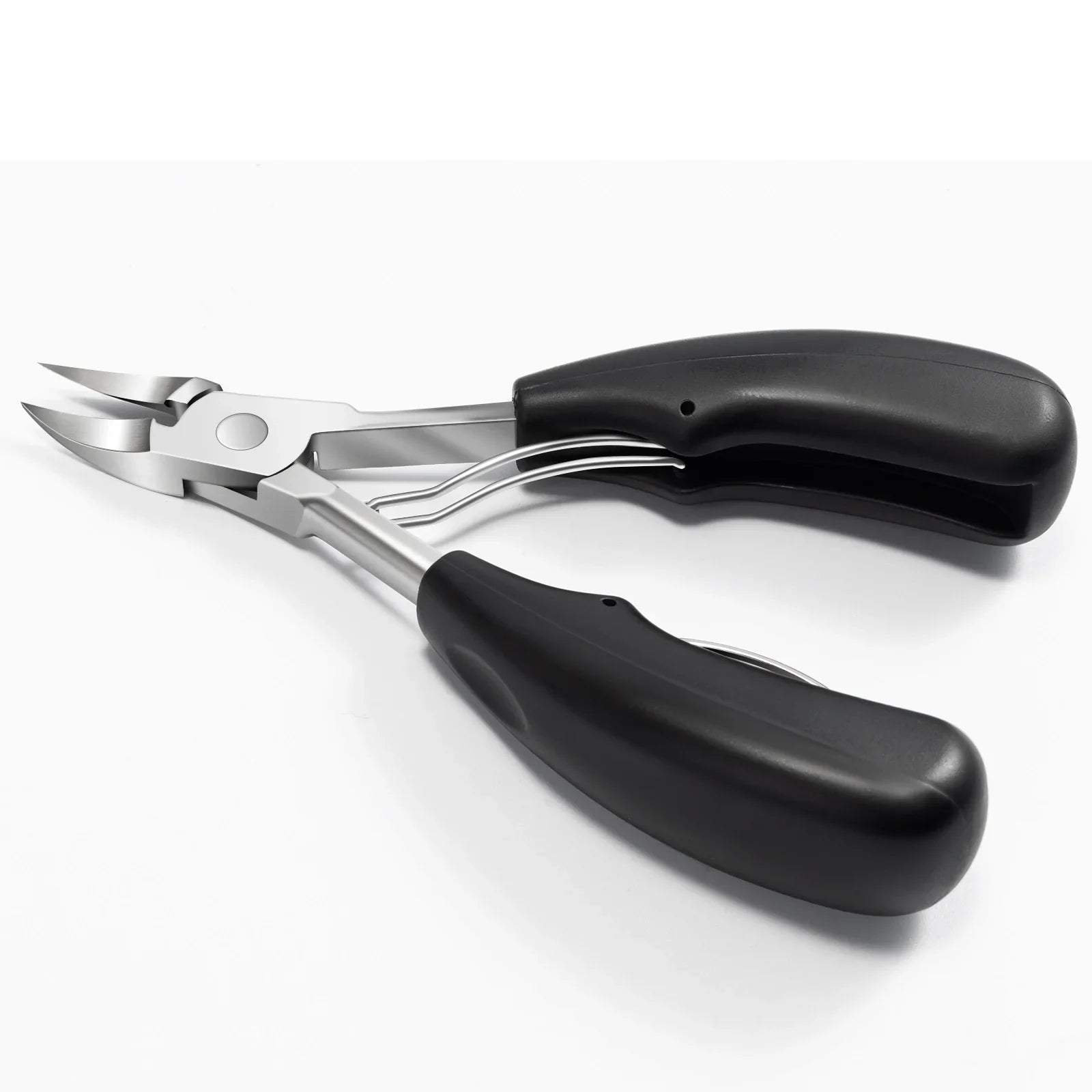 Heavy-duty toenail clippers with curved stainless blades and black ergonomic handles