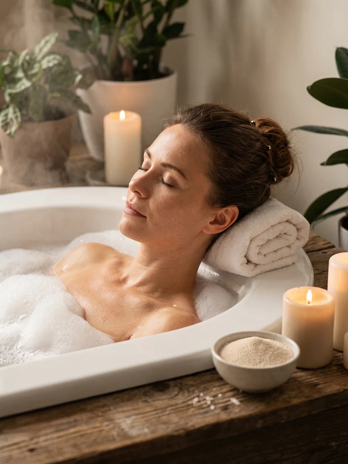 A woman relaxes in a warm bubble bath surrounded by lit candles and green plants. A bowl of Epsom Salt crystals on the tub edge completes the soothing spa ritual.